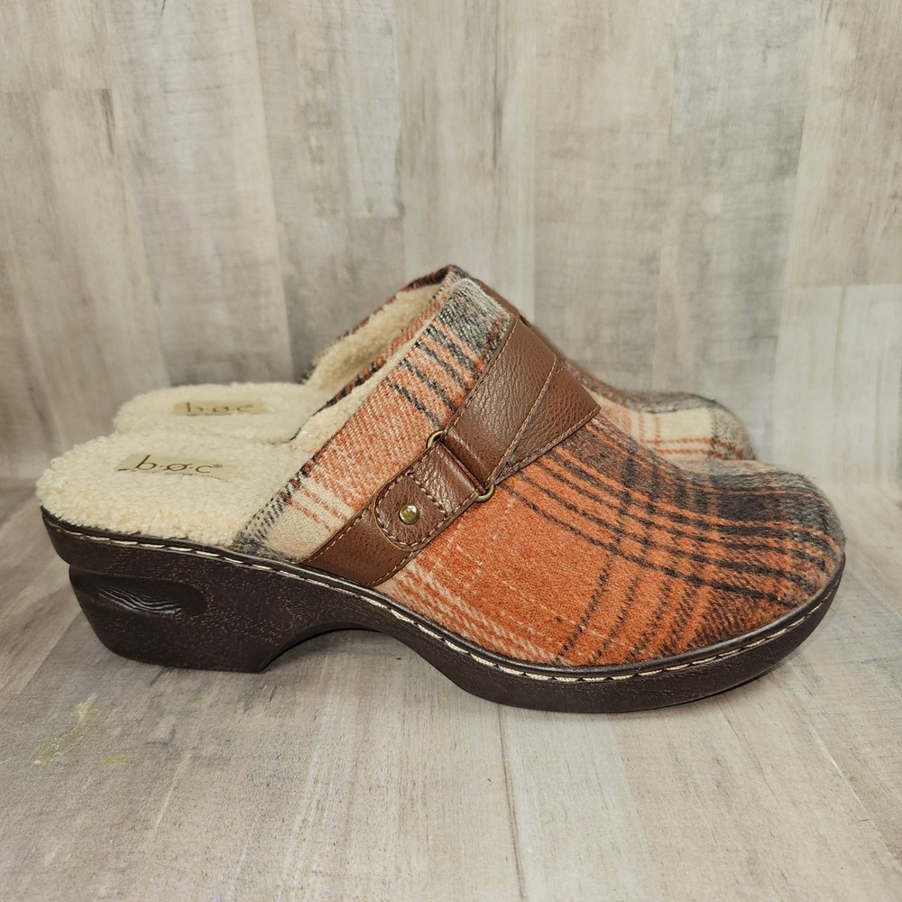 b.o.c. Plaid Faux Shearling Clogs Orange Brown Mules Womens 10M - Picture 4 of 9
